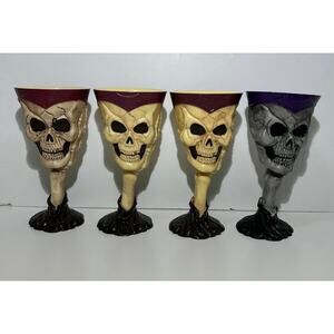 Skull Goblets Set of 4 Halloween Skeleton Wine Glasses Spooky Decor Plastic